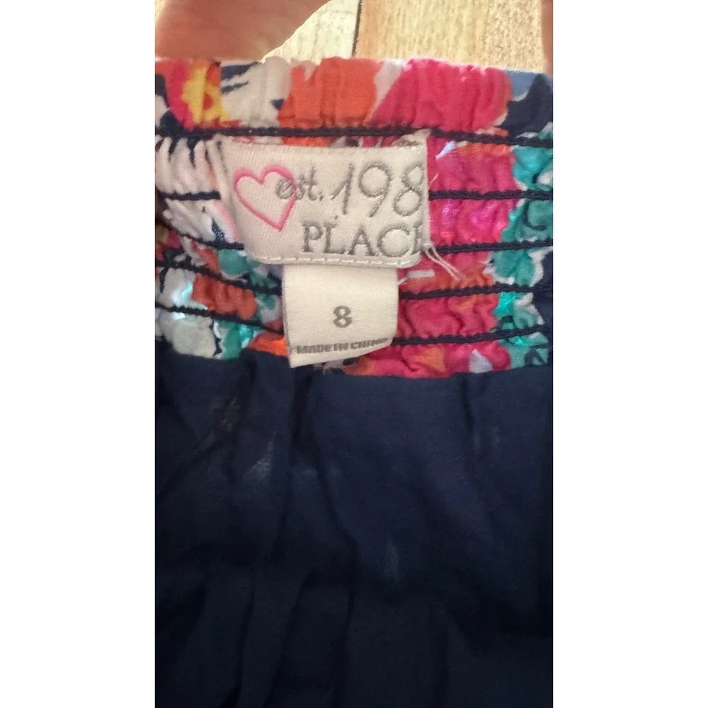 The Childrens Place Girls Navy Blue Floral Tiered‎ Skirt Size 8 Smocked Waist